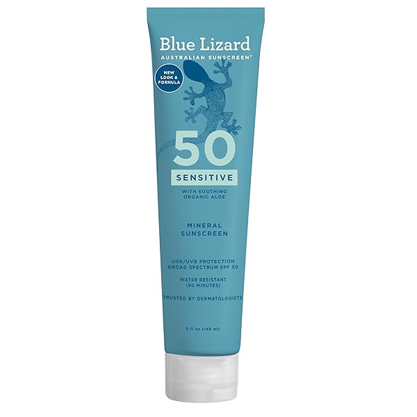 BLUE LIZARD SENSITIVE MINERAL SUNSCREEN WITH ZINC OXIDE 50+ WATER RESISTANT UVAUVB PROTECTION WITH SMART CAP TECHNOLOGY FRAGRANCE FREE, SENSITVE, SPF 50 – – TUBE, UNSCENTED, 5 FL OZ