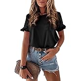 PRETTYGARDEN Women's Short Sleeve Casual T Shirts Summer Ruffle Plain Round Neck Loose Fit Tee Blouse Tops