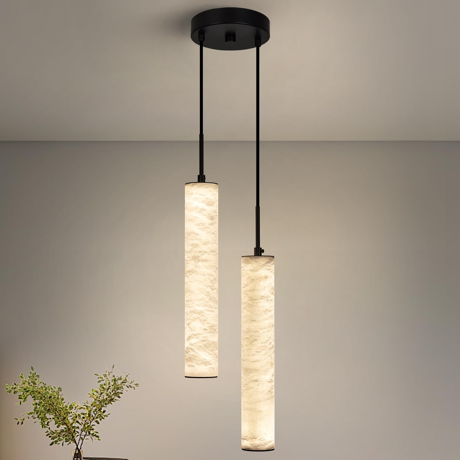 Photo 1 of LMQNINE Natural Alabaster Pendant Lights for Kitchen Island White Marble Long Tube Chandelier 4000K Modern Black Ceiling Light Fixtures for Bedroom Dining Room Table Living Room Hallway(M-2Light)