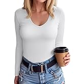 SANDERY T Shirts for Women Short Sleeve V Neck Solid Basic Casual Ribbed Slim Fitted Tops