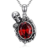 Real Garnet Skull Gothic Necklace for Women 925 Sterling Silver Punk Skeleton Necklace Halloween Jewelry Gifts for Punk Grunge