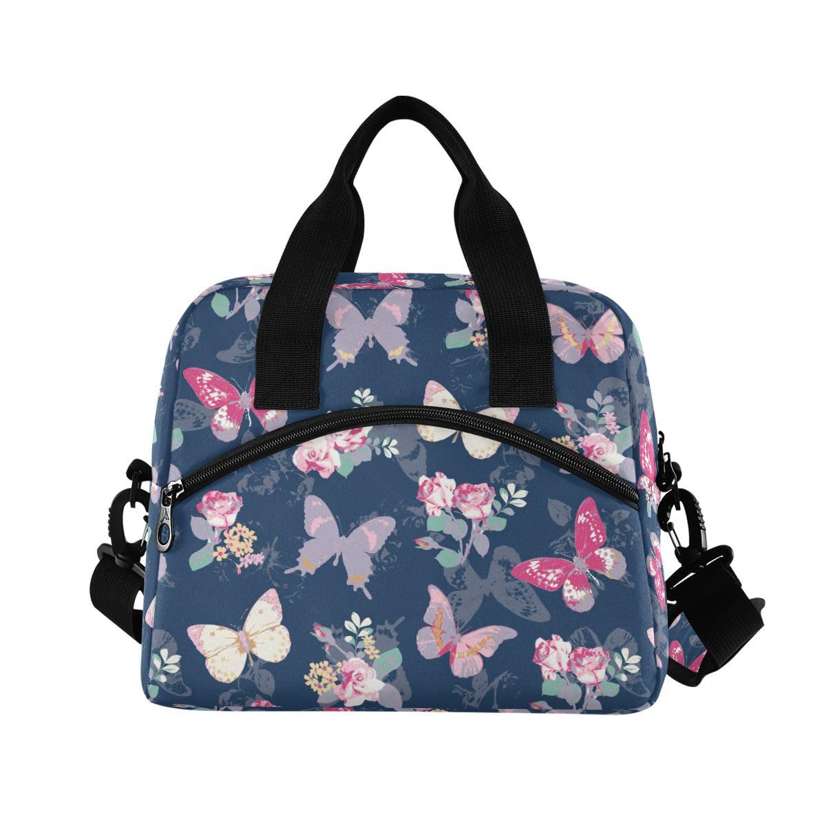 ALAZA Lunch Bags for Women Girls Boys, Butterfly Watercolor Style Flowers Insulated Lunch Box with Shoulder Straps and Handle, Crossbody Tote Lunch Bag for School Office