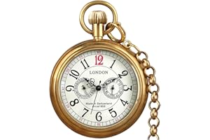 VIGOROSO Men's Vintage Full Copper Hand-Wind Mechanical Second&24hours Sub-dials Pocket Watch in Box