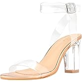 ZriEy Clear Block Sandals Chunky Heels for Women 3.35 Inch Open Toe Adjustable Ankle Strap Pump Sandals for Weddings Parties Daily Wear
