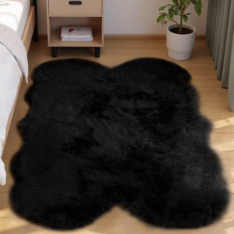 Photo 1 of Goolela Black Faux Sheepskin Fur Rug 4x6 Fuzzy Furry Area Rug Black Fluffy Soft Shaggy Carpet for Bedroom Living Room Bedside Washable Sheepskin