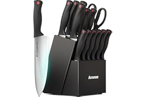 Astercook Knife Set, 15 Pieces Kitchen knives Set with Built-in Sharpener, High Carbon German Stainless Steel Chef Knife Block Sets, Sharp & Rust Resistant Dishwasher Safe, Mothers Day Gifts Black