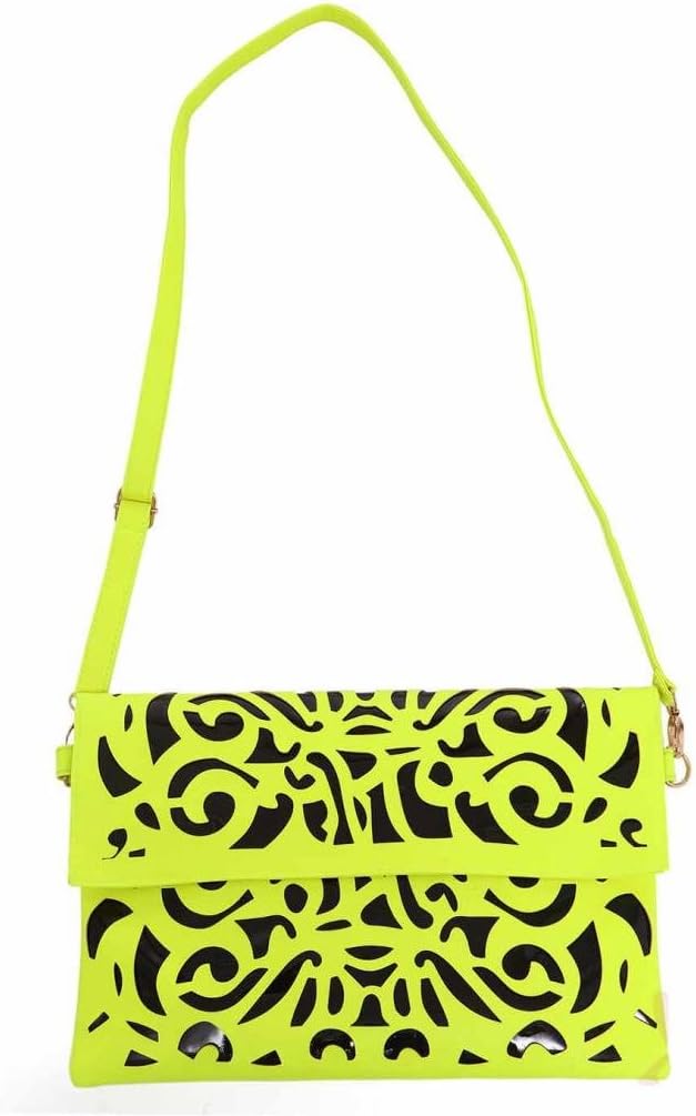Womens Hollow Pattern Envelope Messenger Clutch Tote Handbag Purse Shoulder Bag-Neon Yellow
