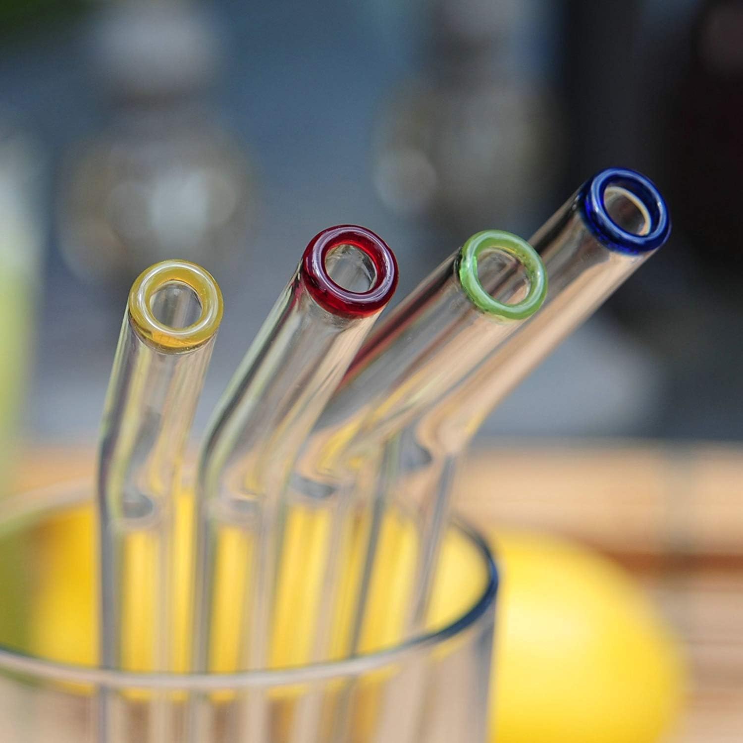 DOCTORBEE 4pcs 9" 12mm Reuseable Bent Glass Straws for Smoothie Handmade Straw with 1 Cleaning Brush Yellow Red Green Blue Lip