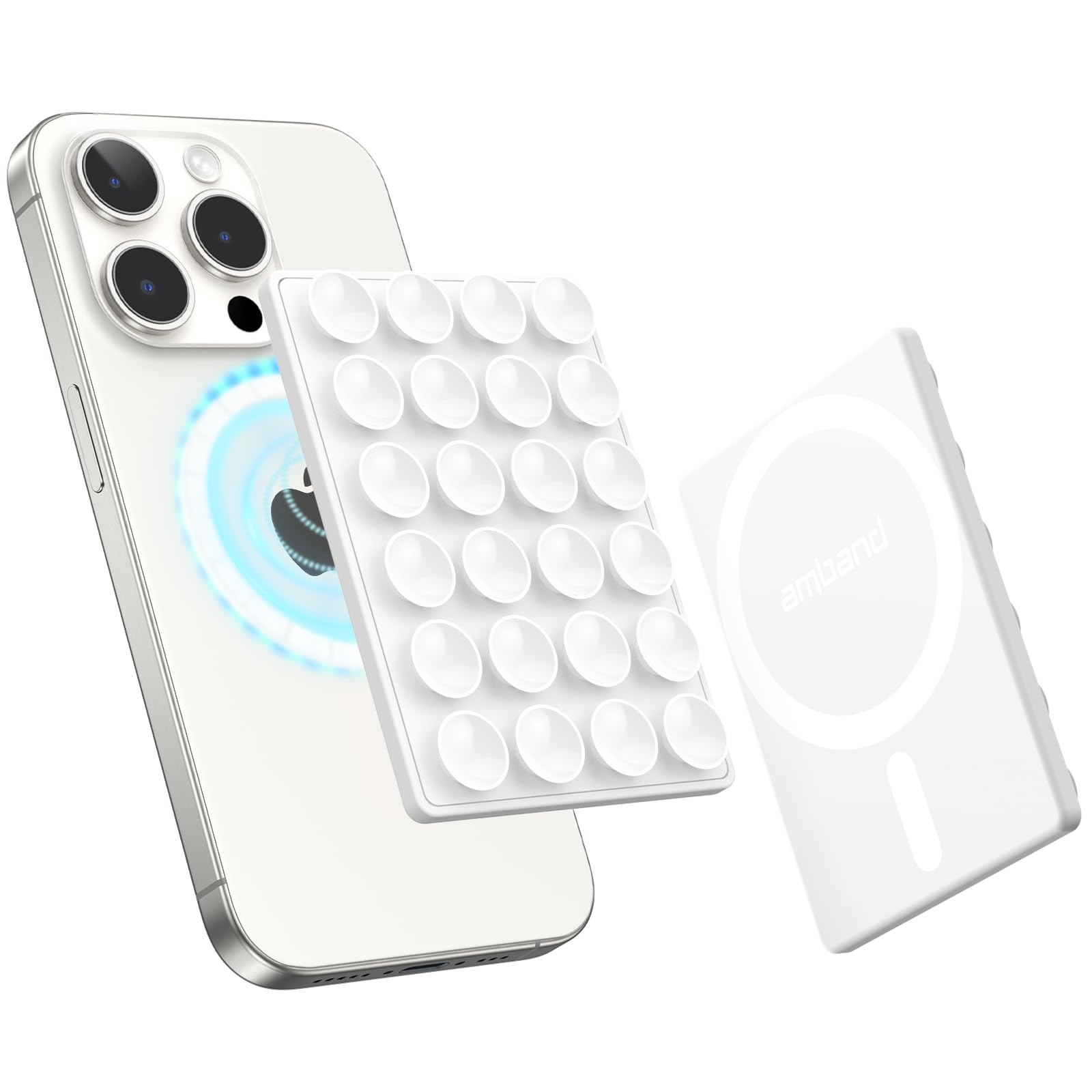 Photo 1 of amBand Magnetic Suction Mirror Window Phone Holder, Sticky Grip Double Sided Mount for iPhone, Gym Bathroom Kitchen, Hands-Free for Makeup FaceTime Shower Viewing with MagSafe Accessories, Frost White