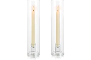 Inweder Glass Candle Holders for Candlesticks: Taper Candle Holders Clear Candlestick Holders Stand with Windproof Glass Cover Hurricane Taper Candle Holder for Wedding Party Christmas Home Set of 2