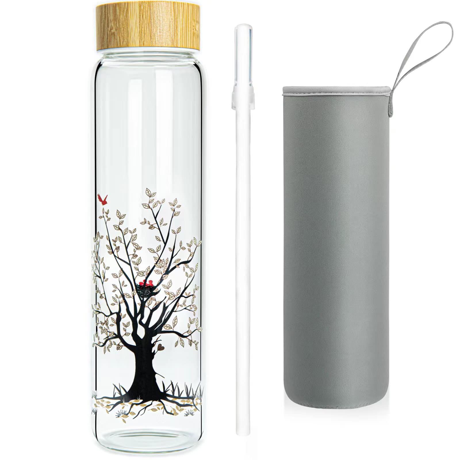 Ferexer Borosilicate Glass Water Bottle with Bamboo Lid and Neoprene Sleeve，Reusable Glass Dirinking Bottle Wide Mouth BPA Free 600 ml / 1 Litre / 1l (1000ml, Tree 1l)