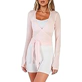 Dancenter Women Crop Wrap Top Thumb Hole Long Sleeve Active Self Tie Workout Shirt Ballet Pilates Yoga Wrap Tops