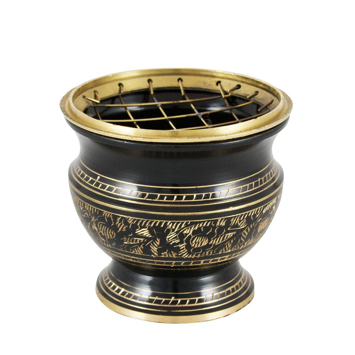 NKlaus Incense Burner - Black-Gold Brass with Grid, 7cm, 200g