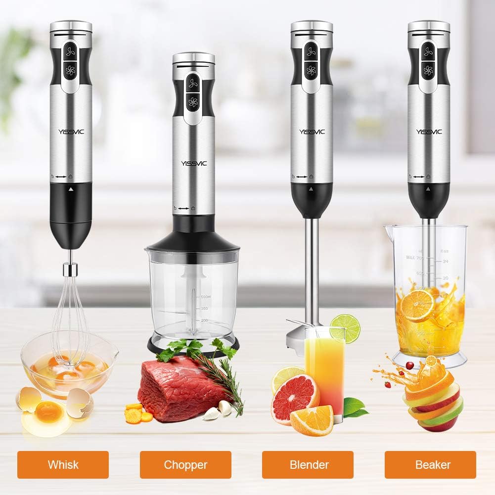 YISSVIC Hand Blender 1000W 700ml Immersion Blender 9 Speed Control, 4 In-1 Powerful Stick Blender, Chopper, Whisk, BPA-Free, 500ml Food Grinder for Sauces Smoothie Puree Infant Food: Kitchen & Dining