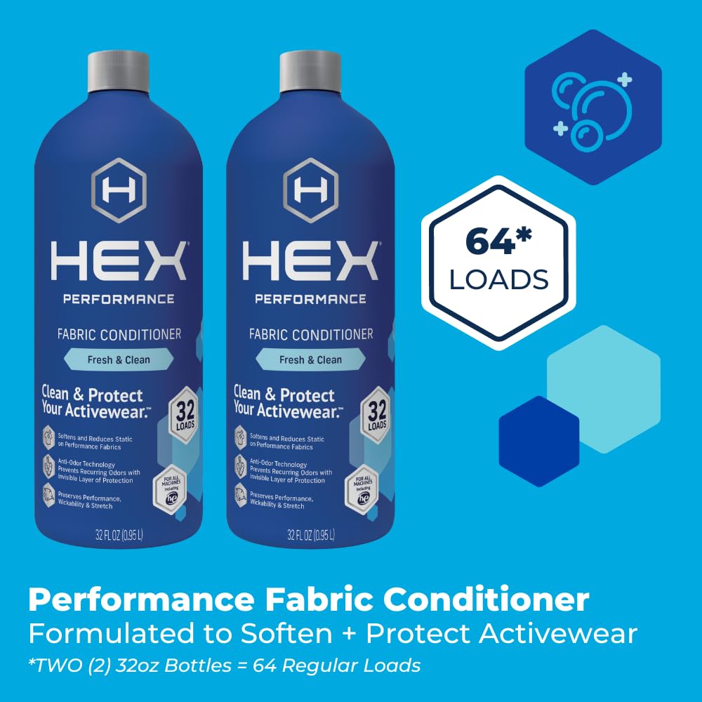 HEX Performance Fabric Conditioner, Fresh & Clean, 64 Load (Pack of 2) - Safe for Activewear, Eco-Friendly