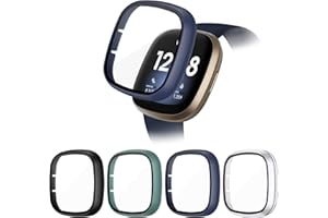 NANW 4-Pack Hard PC Screen Protector Compatible with Fitbit Versa 3/Sense, Built in 9H Tempered Glass Case, Full Coverage Protective Bumper, Sensitive Cover for Versa 3 /Sense Smartwatch Only