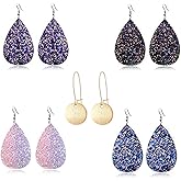 GIMEFIVE 4 Pairs Leather Teardrop Glitter Sequins Earring Lightweight Leaf Drop Bohemian Hollow Earrings For Women