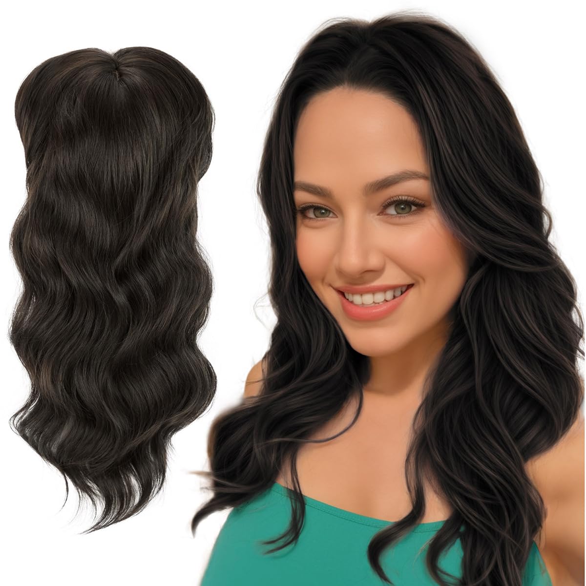 Allyreetress Hair Topper, Wavy Hair Topper with Bangs for Women with Thinning Hair 20 Inch Short Hair Toppers 6.5x6.5 Inch Large Base Synthetic Hair Pieces for Women(Black Brown)