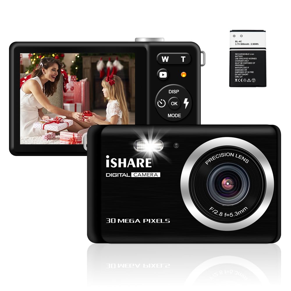 Small Digital Camera for Photography with 2.8" FHD 1080P 18X Digital Zoom, 30MP Mini Camera Rechargeable Point and Shoot Cameras,Built-in Microphone,Kids Camera with a Battery(Black)