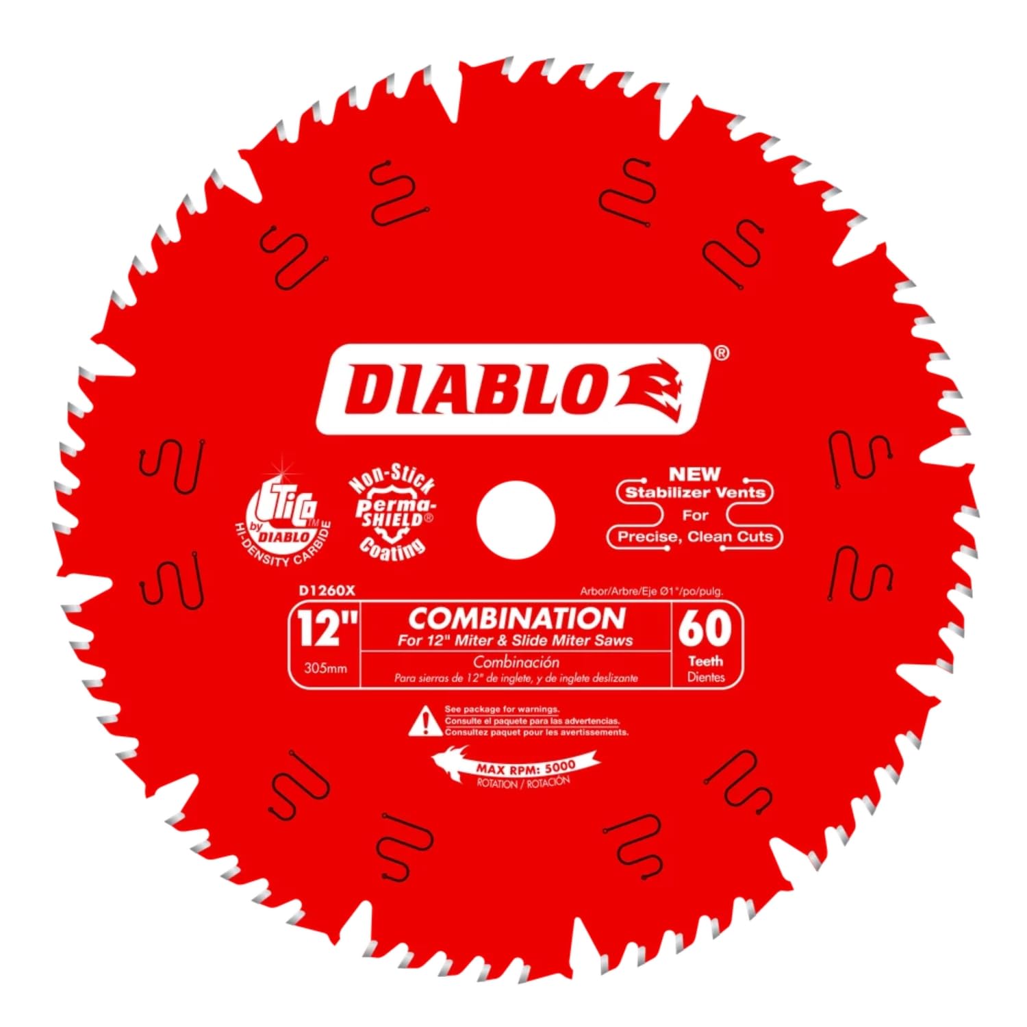 Hoja de sierra combinada Diablo para madera - 12 de diámetro, 60 dientes de peine, eje de 1, corte de 0,118, ángulo de gancho de 15°, placa de 0,071, 6000 RPM máx. - D1260X