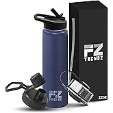 FZ TRENDZ Insulated Water Bottle, 22 oz water bottle, Stainless Steel water bottle, 3 Interchangeable Lids, Straw, Leak Free & BPA Free, Blue water bottle, dishwasher safe water bottle