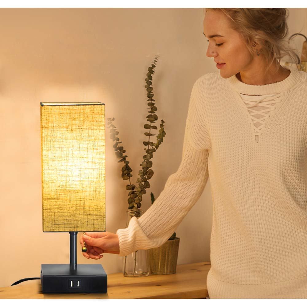 Dual USB Table Desk Lamp, Bedside Nightstand Lamp, Fabric Unique Lampshde,Convenient Pull Chain for Bedroom Living Room(Pack of 2) TY-801