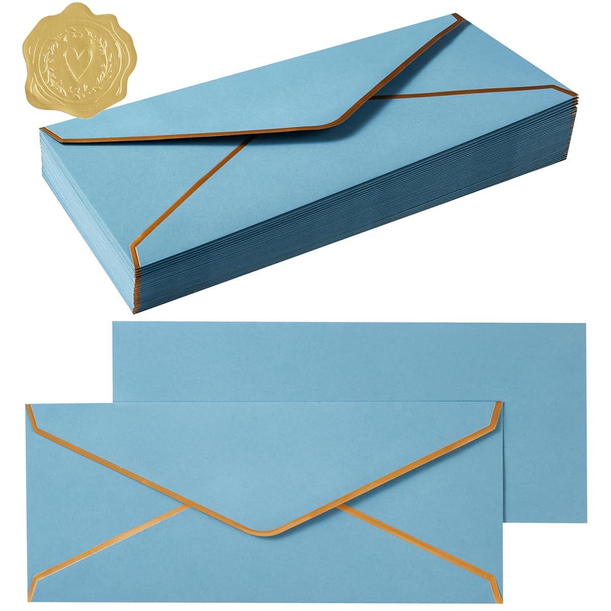 Photo 1 of 100 Pack #10 Business Envelopes with Gold Border, Self Seal Standard Envelopes with Gold Stickers for Office, Checks, Letter Mailing, Invoices, 4 1/8 x 9 1/2 Inches (Dusty-Blue)