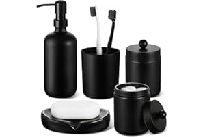 GM GMISUN GMISUN Black Bathroom Accessories Set, 5 Pack Matte Black Glass Bath Accessory Decor Sets Complete, Soap Dispenser and Toothbrush Holder Bathroom Counter Sink Set with Labels, Modern Bathroom Decor