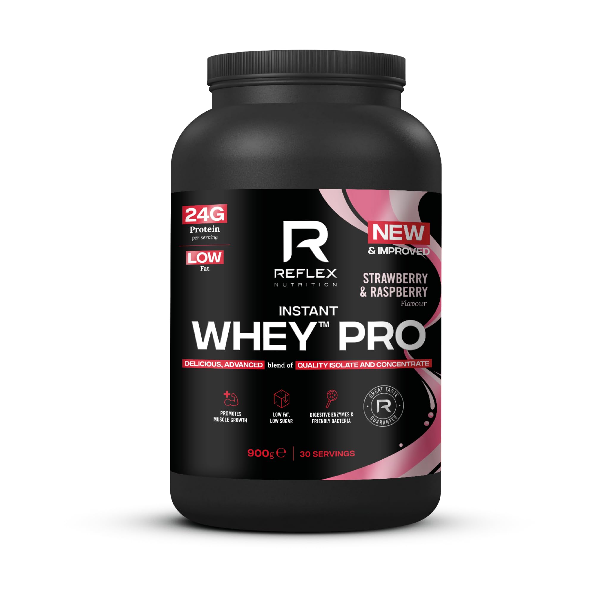 Reflex Nutrition Instant Whey™ Pro - 80% Whey Protein Powder - Low Fat - Thin Textured Protein Shake for Post Workout Muscle Growth or Tasty Protein Snack (Strawberry & Raspberry, 900g, 30 servings)