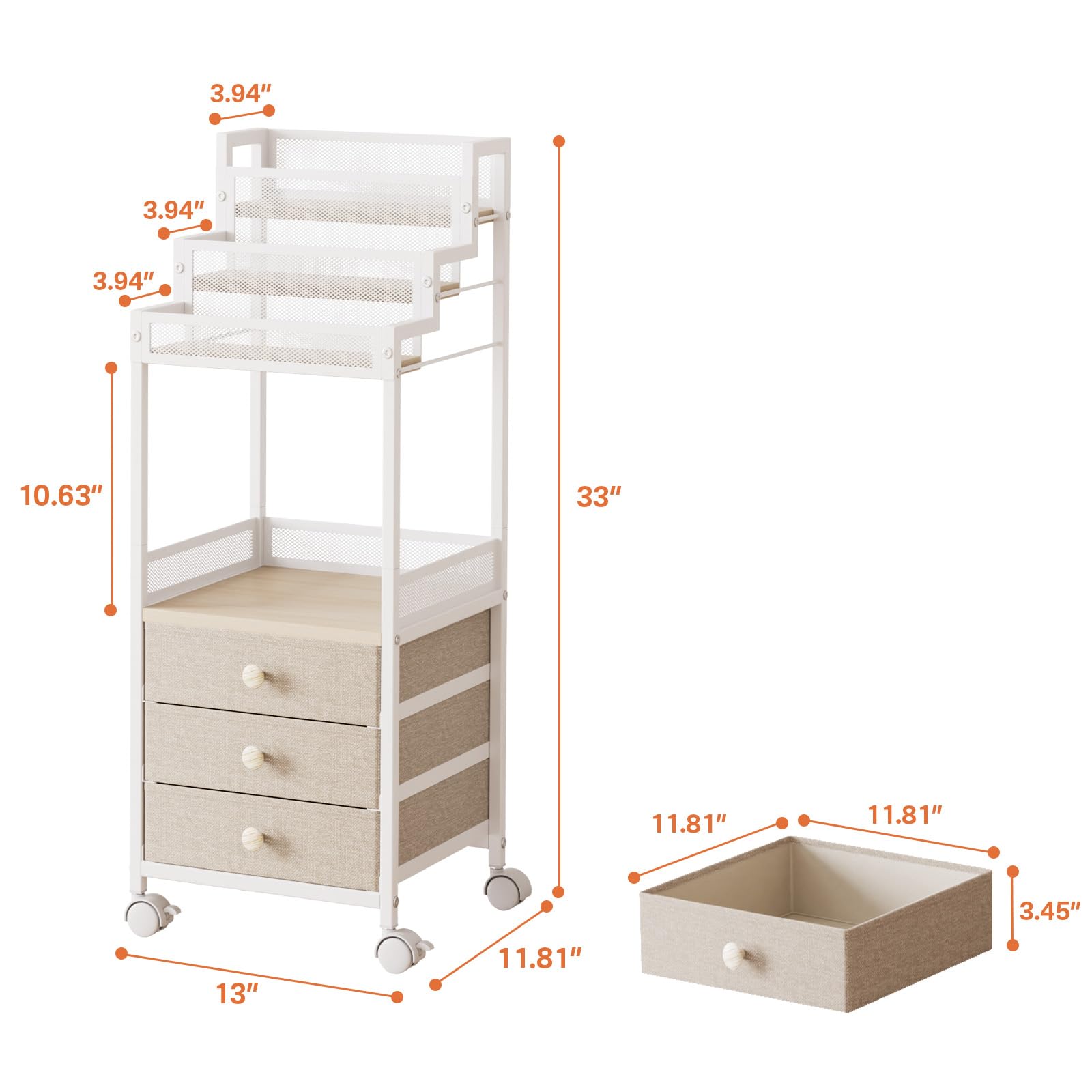 FURFUN Makeup Cart Organizer with Drawers, Floor Rolling Skincare Vanity Storage Mobile Cosmetic Display Case Stand for Makeup Brushes, Nail Polish, Perfume Organizer for Women Matte White