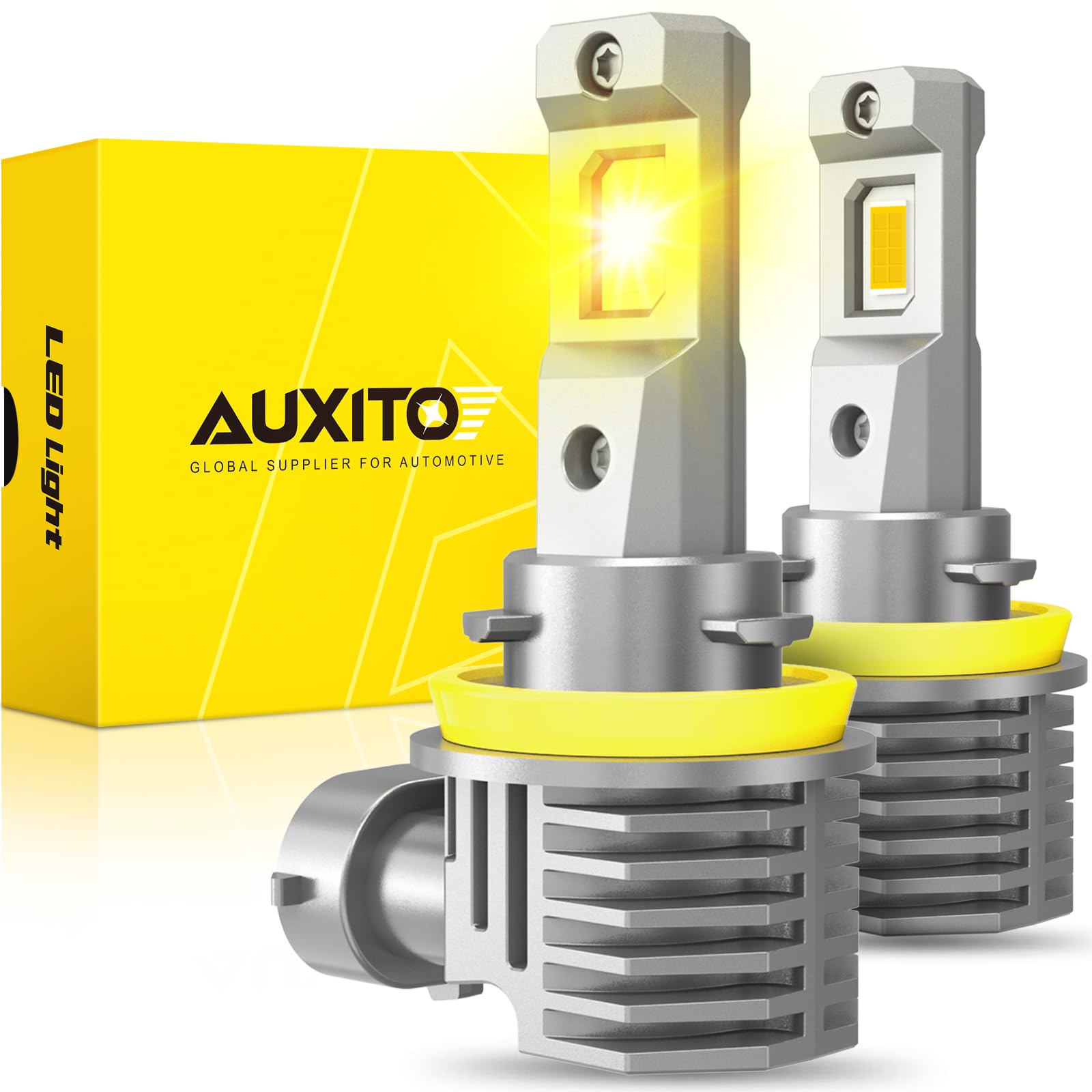 AUXITO H11/H8/H16 Yellow LED Fog Light Bulbs, 800% Brightness 3000K Amber Yellow Driving Fog lights, 1:1 Mini Size Front Fog Lamps, Non-polarity, Play and Plug (Pack of 2) Image