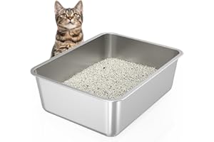 IKITCHEN Stainless Steel Cat Litter Box, Metal Cat Litter Tray with Anti-Slip Rubber Bottom, Kitty Litter Pan 17.5" L x 13.5"