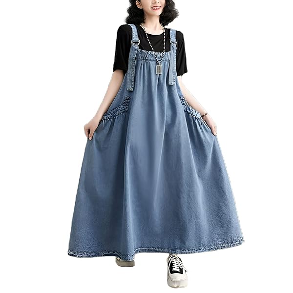 EXPOING Denim Jumper Dress for Women Loose Version Baggy Style Maxi