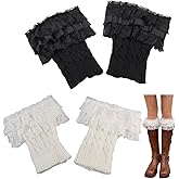 CABODYALS 2 Paris Black White Ruffle Lace Boot Cuff Socks Summer Winter Fashion Decorative Stretch Crochet Laced Trim Leg Warmers Toppers Short Knitted Cuffs Calf Socks Bulk for Women Gift Accessories