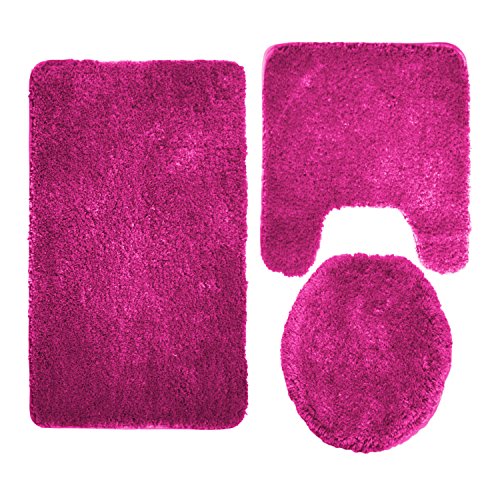 Mary 3 Piece Bathroom Rug Set, Luxury Soft Plush Shaggy Thick Fluffy Microfiber Bath Mat, Countour Rug, Toilet Seat Lid Cover, Non-Slip Rubber Back, Floor Mats Water Absorbent (Fuchsia)