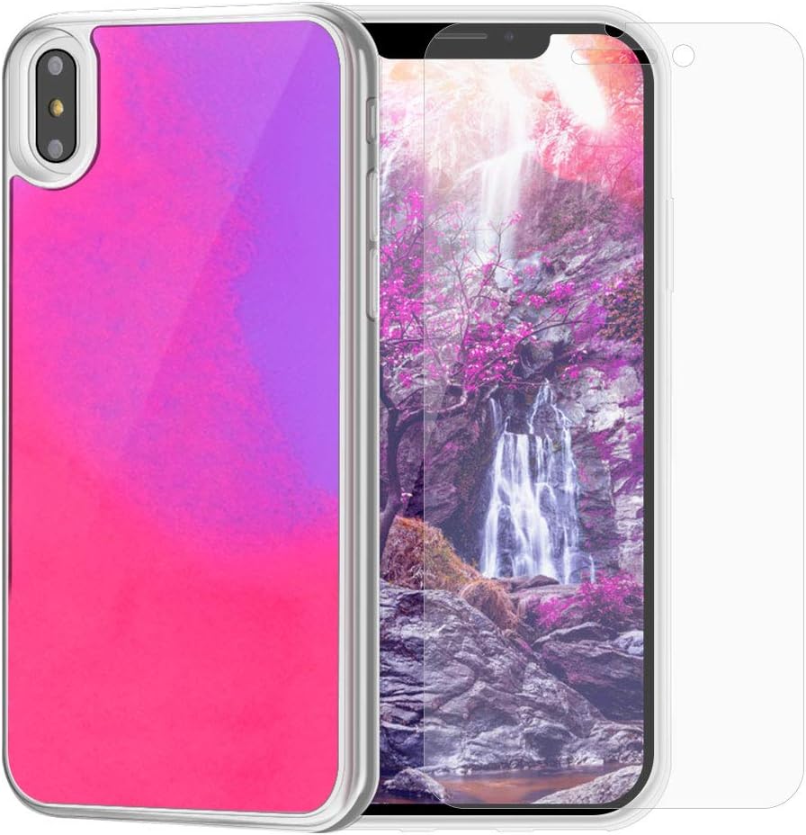 SanLead Phone X Case, iPhone Xs case, Luminous Quicksand TPU & PC Anti-Scratch Leak-Proof Glitter Liquid Phone Case with Screen Protector (Pink & Purple)