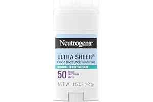 Neutrogena Ultra Sheer Dry Touch SPF 50 Mineral Sunscreen Stick for Sensitive Skin, Zinc Oxide, Body & Face Sunscreen with Vitamin E, No White Residue & Vegan, 1.5 oz