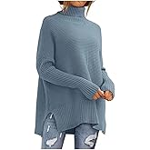 Womens Turtleneck Sweaters Batwing Sleeve Ribbed Tunic Sweater Split Hem Casual Oversized Fall Winter Clothes