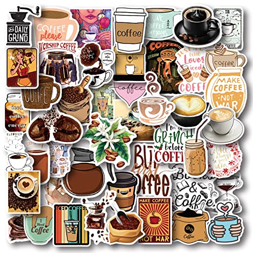 AOWDIAO 50 Pieces Coffee Stickers - Vinyl Coffee Bottle Sticker Pack for Gifts and Parties