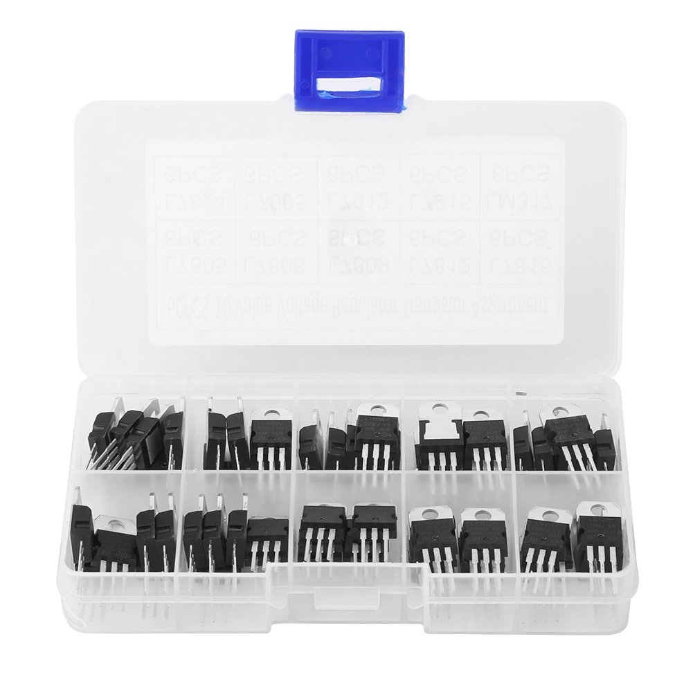 60pcs 10 Values TO-220 Power Transistor Assortment Triode Voltage Regulator Stabilizer Kit Set (L7805CV/ L7806/ L7809/ L7812/ L7815/ L7824/ L7905/ L7912/ L7915/ LM317t) with Plastic Storage Box