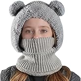 Jastore Kid Winter Hat Scarf Set Boys Girls Knit Hood Hats Balaclava Beanie Hat Warm Fleece Lining Scarf Skull Cap