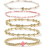 Bohxantium 14K Gold Plated Cross Bracelets for Women Boho Stretch Stackable Dainty Colorful Seed Bead Beads Ball Pink Cross Bracelet Stack Non Tarnish Christian Jewelry Set Accessories Trendy Gift