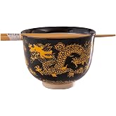 Urban Tokyo Handpainted Ceramic Glazed Japanese Ramen Udon Noodle Rice Bowl With Chopsticks 20 fl oz 5 inch Diameter Bowl Sets Color Box Packaging (Oriental Dragon Black)