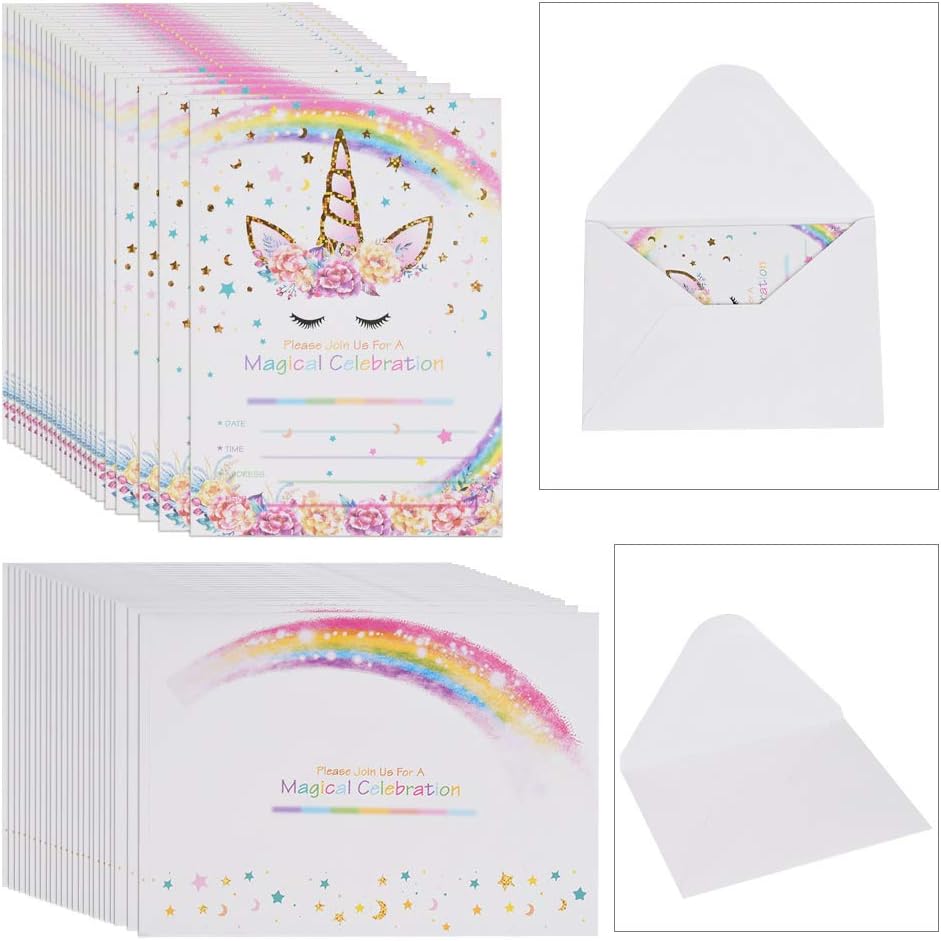 YANSHON 24 Pack Glitter Unicorn Invitations, Magical Rainbow Unicorn Invitation Card with Envelope, Unicorn Birthday Party Invitations for Kids Birthday Baby Shower