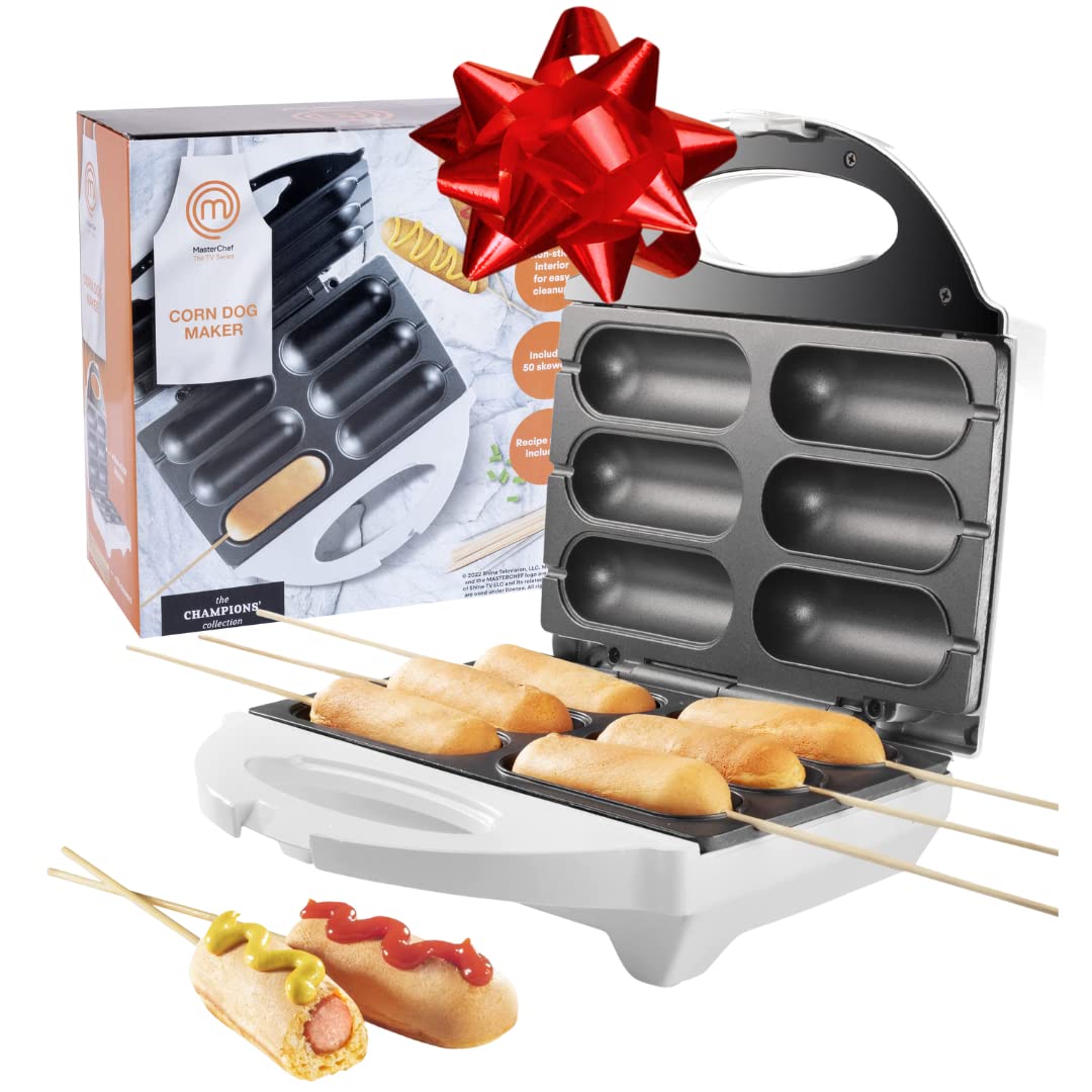 MasterChef Corn Dog Maker w 50 Skewers- Electric Nonstick Kitchen Baker & Recipe Guide- Fryer Machine Makes Hot Dogs, Cheese Mozzarella Sticks, Cake Pops, BBQ, Mini Carnival Food, Fun Christmas Gift