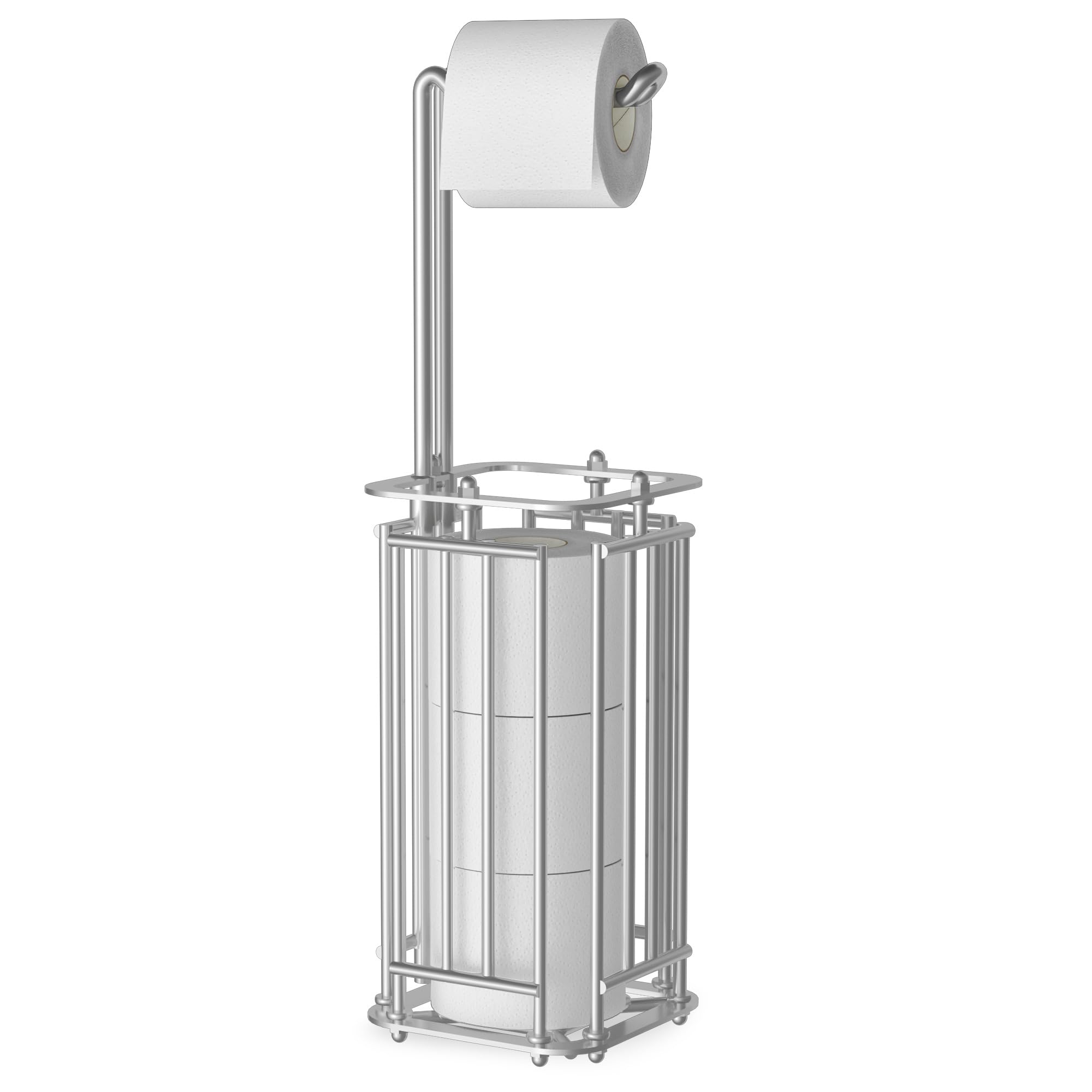 AFAjwsc Free-Standing Toilet Roll Holder, Toilet Paper Holder Stand 4 Paper Rolls, Silver Floor Standing Toilet Roll Dispenser Storages, Non-Rust