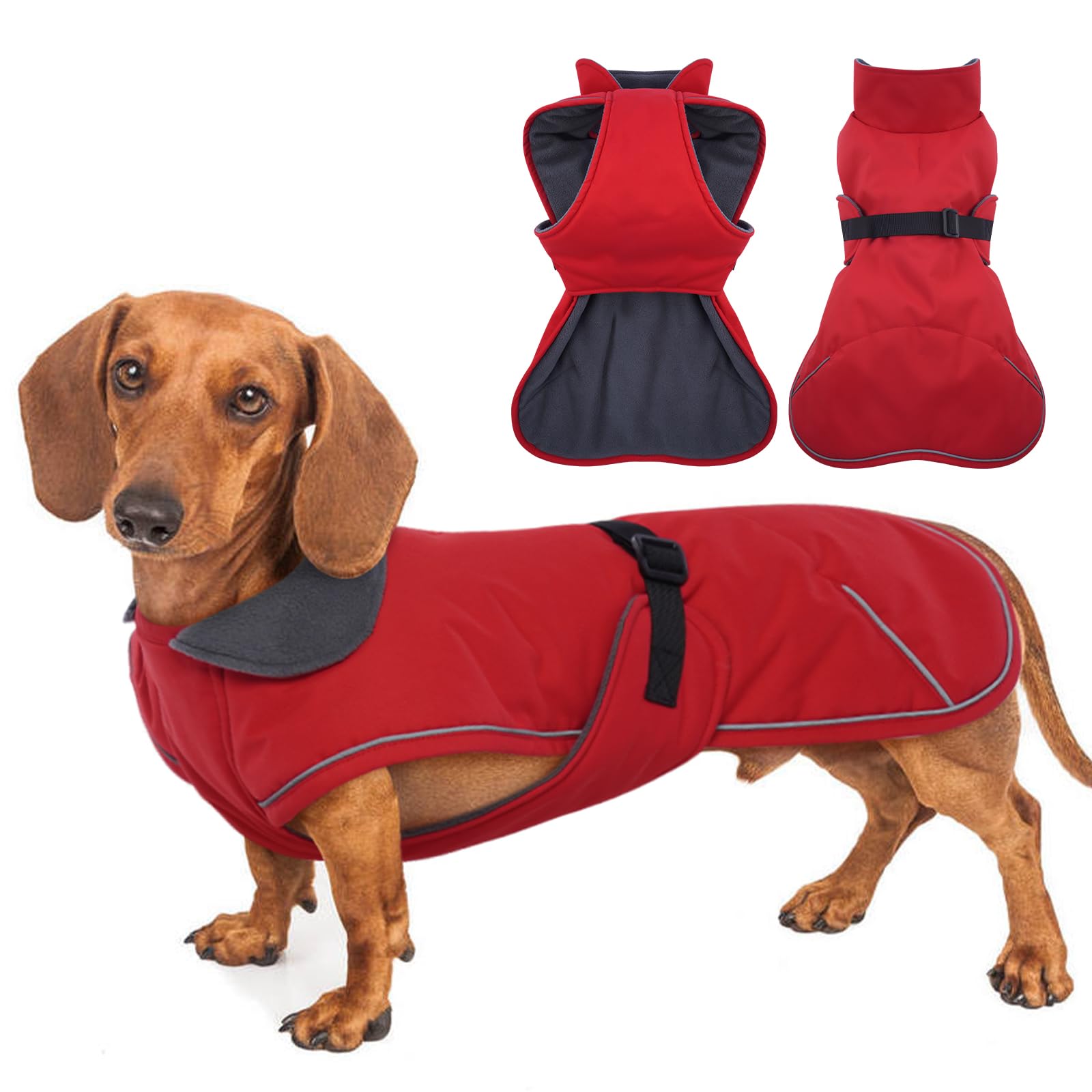 Photo 1 of MORVIGIVE Dachshund Coat Warm Winter Dog Coat - Red, XLarge - Waterproof Dachshund Coat with Fleece Lining, Adjustable Buckle Closure Dachshund Clothes, Christmas Dachshund Snowsuit Harness Hole
