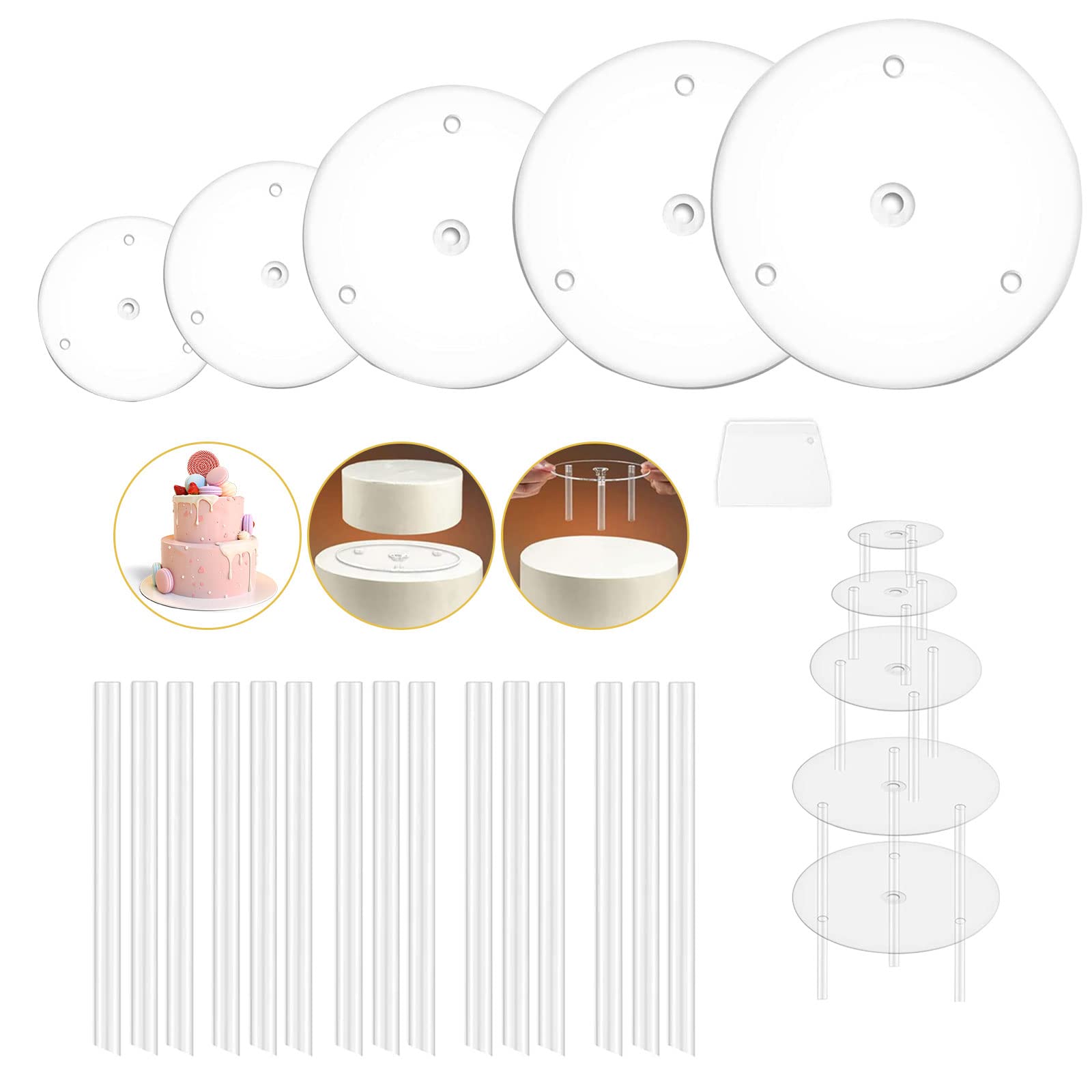XSEXO Cake supports for multi-tier cakes, 5 Piece Cake Stand Sets, cake base with 15 pieces of plastic dowel rods, reusable for tiered stacked cakes, for weddings, birthdays, parties, festivals