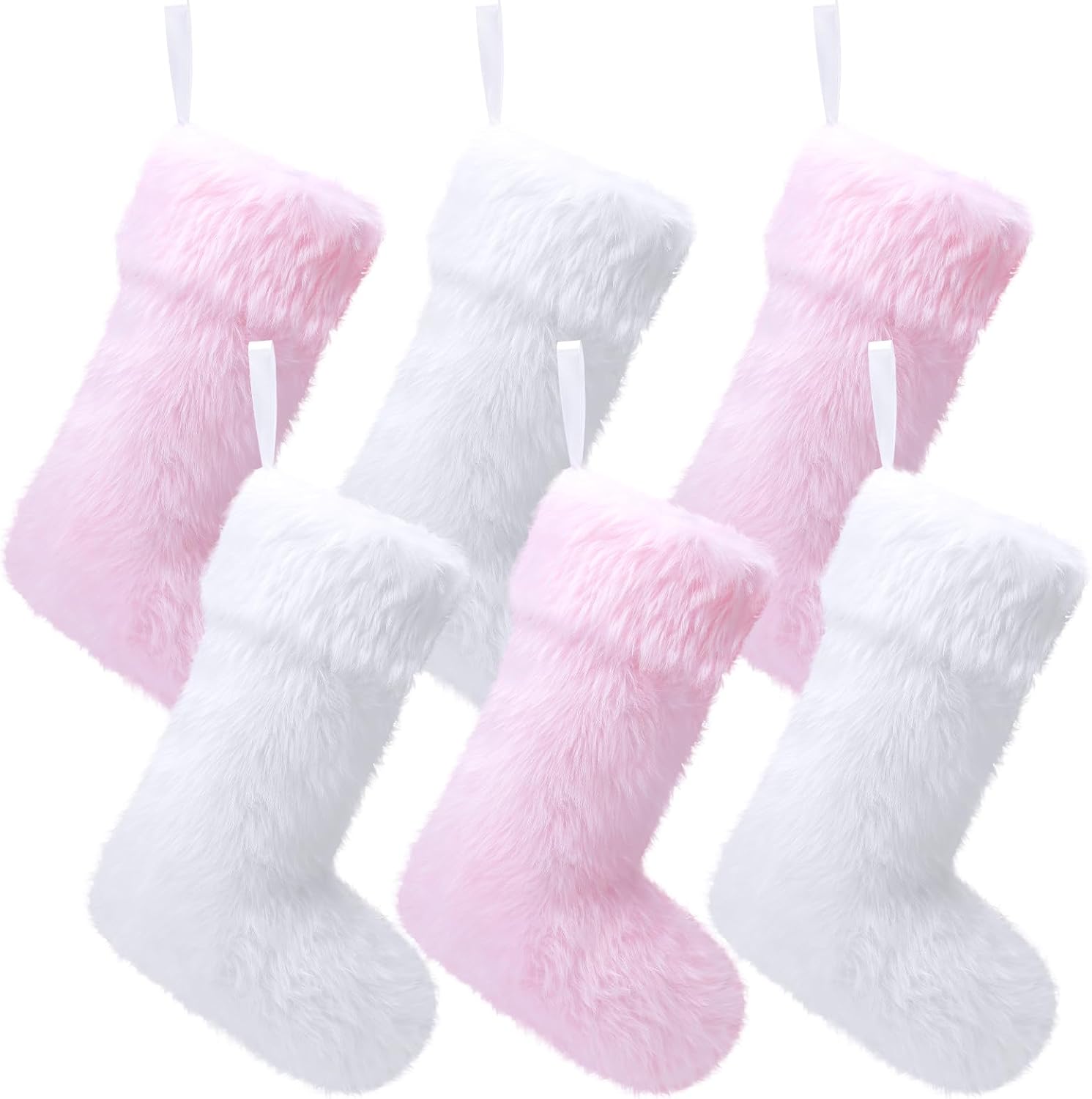 Stockings & Holders - JOVITEC 20 Inch Faux Fur Christmas Stockings Snowy Stocking Xmas Fireplace Hanging Stocking for Holiday Decoration (White, Pink, 6 Pieces)