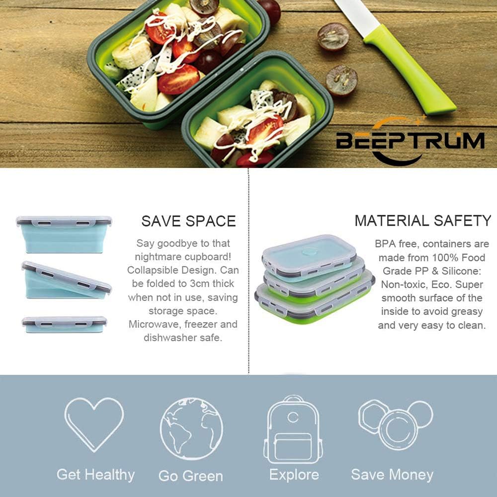 Beeptrum Collapsible Silicone Food Storage Container with Lid, Portable Lunch Bento Box Outdoor Picnic Box Space Saving - Image 5